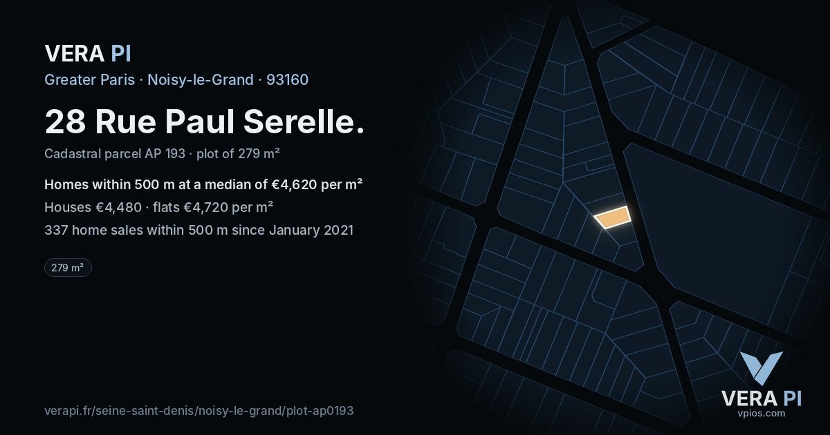 28 Rue Paul Serelle, Noisy-le-Grand at night – the plot lit, the parcels around coloured by the prices near them