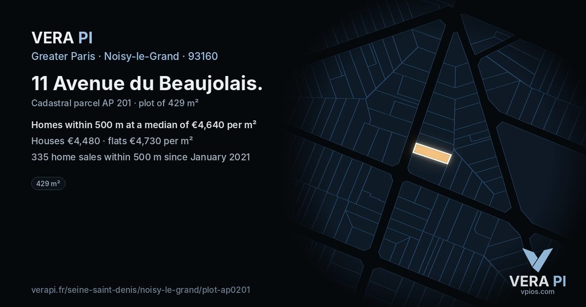 11 Avenue du Beaujolais, Noisy-le-Grand at night – the plot lit, the parcels around coloured by the prices near them