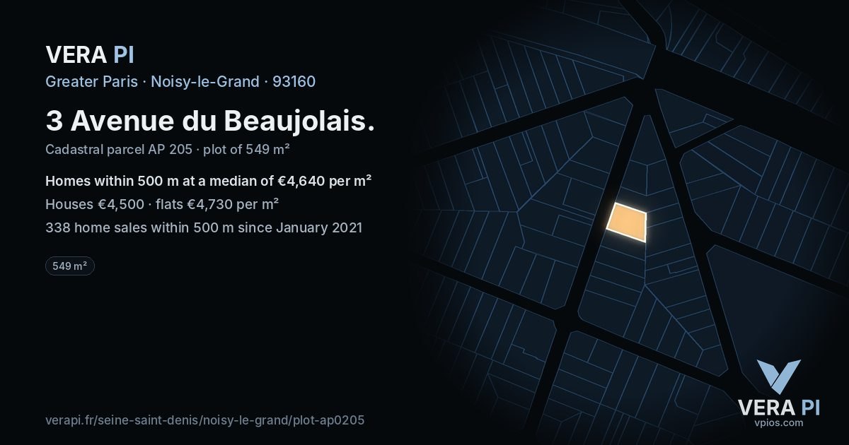 3 Avenue du Beaujolais, Noisy-le-Grand at night – the plot lit, the parcels around coloured by the prices near them