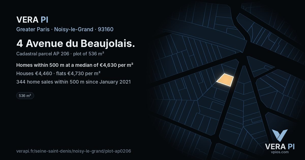 4 Avenue du Beaujolais, Noisy-le-Grand at night – the plot lit, the parcels around coloured by the prices near them
