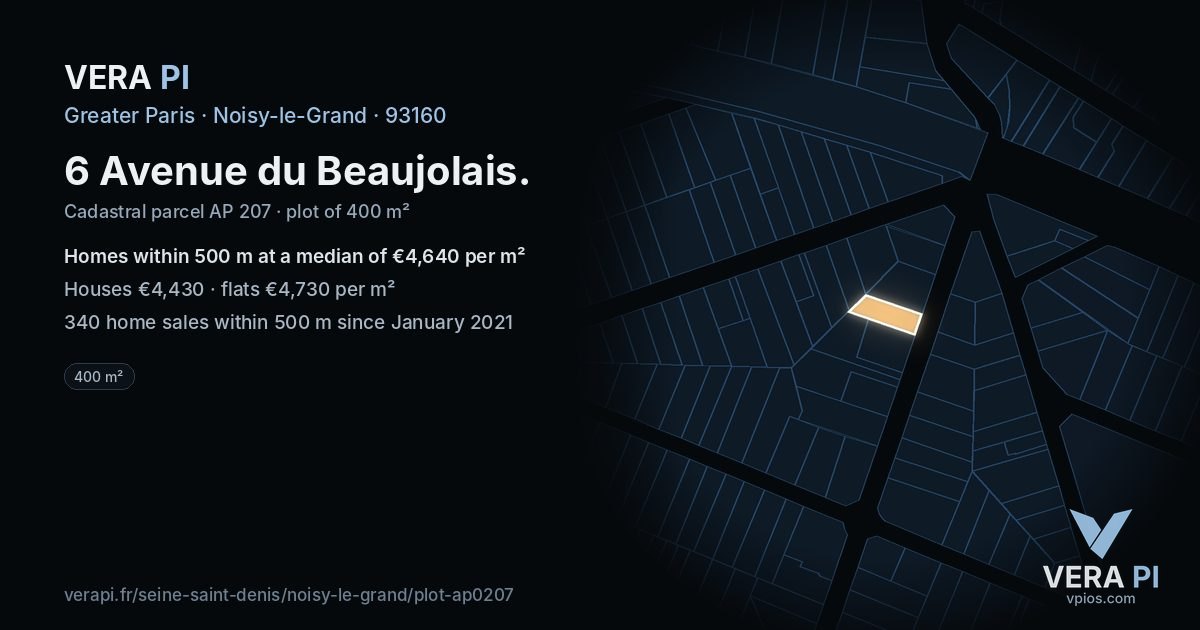6 Avenue du Beaujolais, Noisy-le-Grand at night – the plot lit, the parcels around coloured by the prices near them