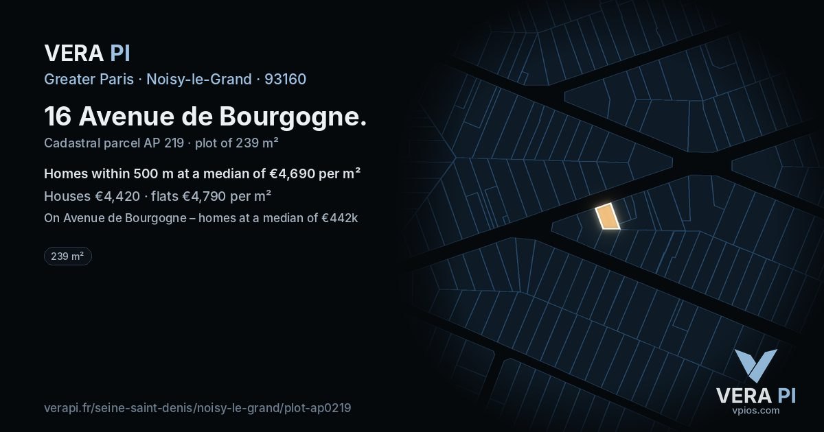 16 Avenue de Bourgogne, Noisy-le-Grand at night – the plot lit, the parcels around coloured by the prices near them