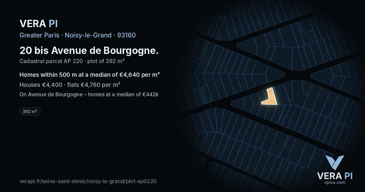 20 bis Avenue de Bourgogne, Noisy-le-Grand at night – the plot lit, the parcels around coloured by the prices near them