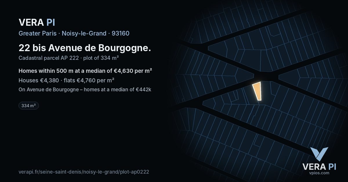 22 bis Avenue de Bourgogne, Noisy-le-Grand at night – the plot lit, the parcels around coloured by the prices near them