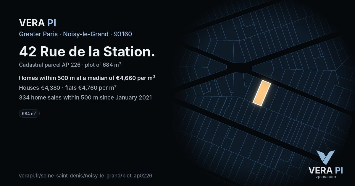 42 Rue de la Station, Noisy-le-Grand at night – the plot lit, the parcels around coloured by the prices near them