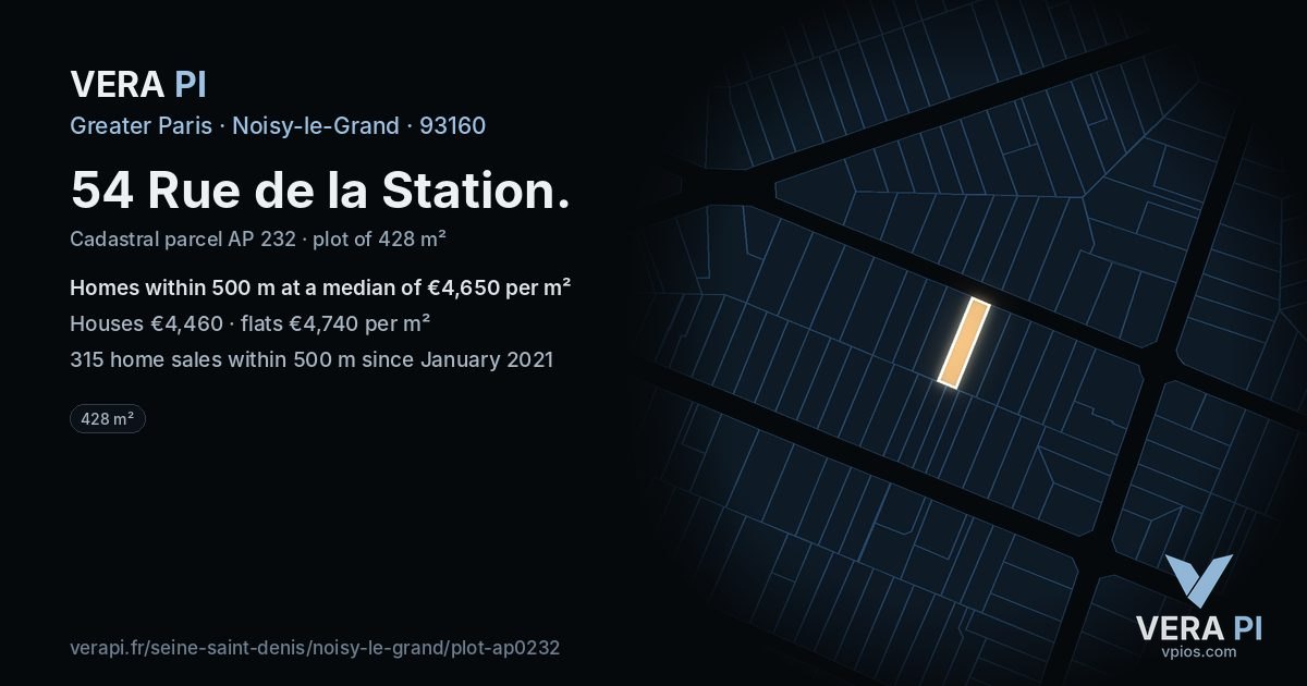 54 Rue de la Station, Noisy-le-Grand at night – the plot lit, the parcels around coloured by the prices near them