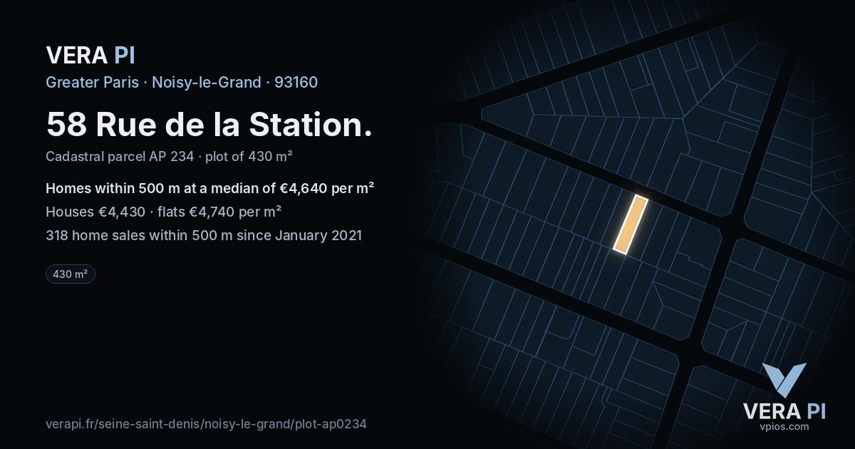 58 Rue de la Station, Noisy-le-Grand at night – the plot lit, the parcels around coloured by the prices near them
