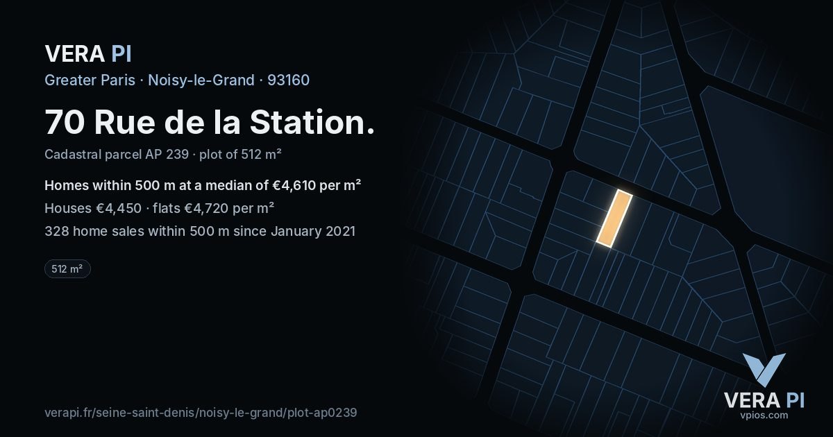70 Rue de la Station, Noisy-le-Grand at night – the plot lit, the parcels around coloured by the prices near them