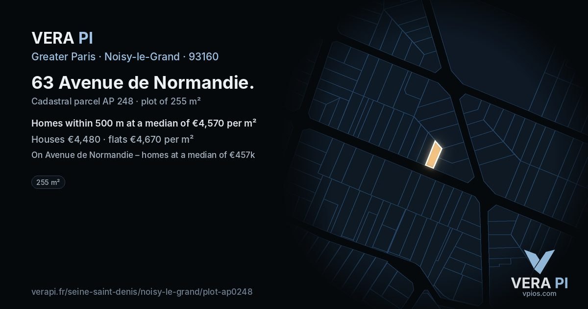 63 Avenue de Normandie, Noisy-le-Grand at night – the plot lit, the parcels around coloured by the prices near them