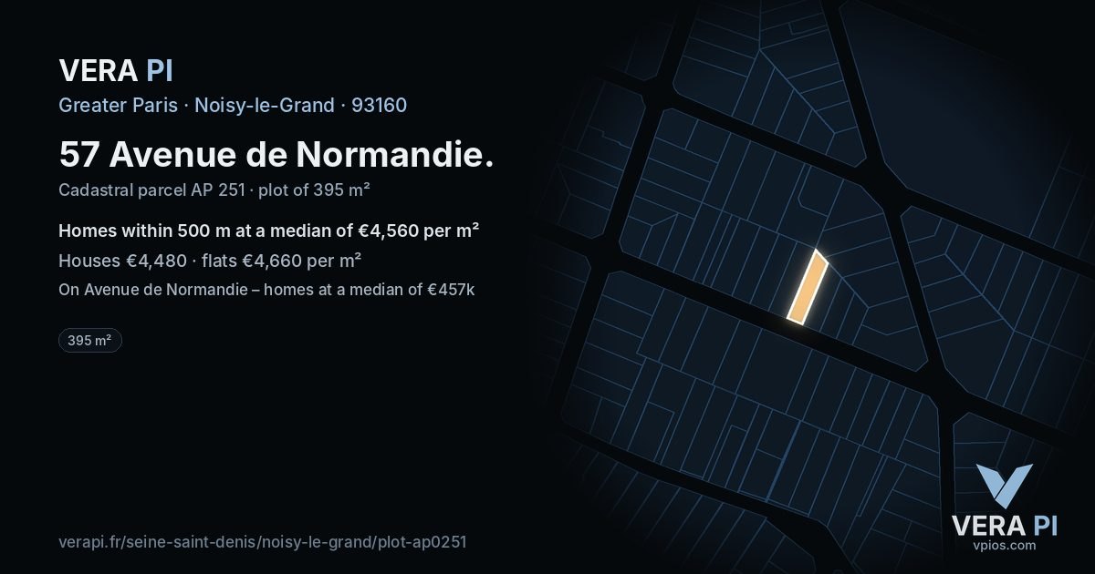 57 Avenue de Normandie, Noisy-le-Grand at night – the plot lit, the parcels around coloured by the prices near them