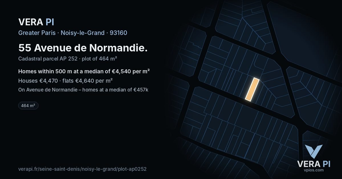 55 Avenue de Normandie, Noisy-le-Grand at night – the plot lit, the parcels around coloured by the prices near them