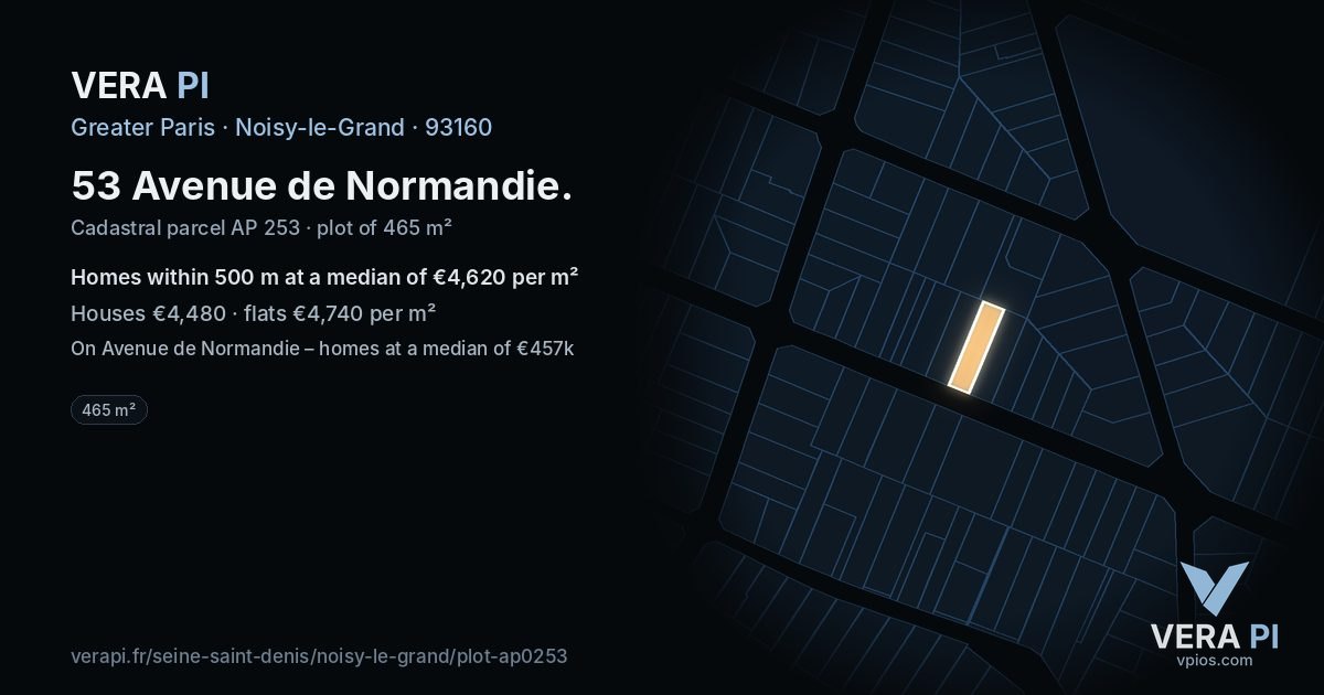 53 Avenue de Normandie, Noisy-le-Grand at night – the plot lit, the parcels around coloured by the prices near them