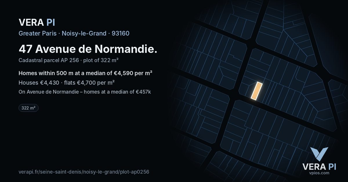 47 Avenue de Normandie, Noisy-le-Grand at night – the plot lit, the parcels around coloured by the prices near them