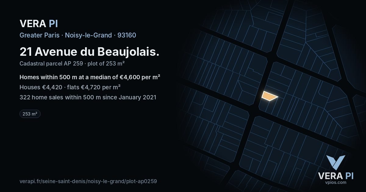 21 Avenue du Beaujolais, Noisy-le-Grand at night – the plot lit, the parcels around coloured by the prices near them