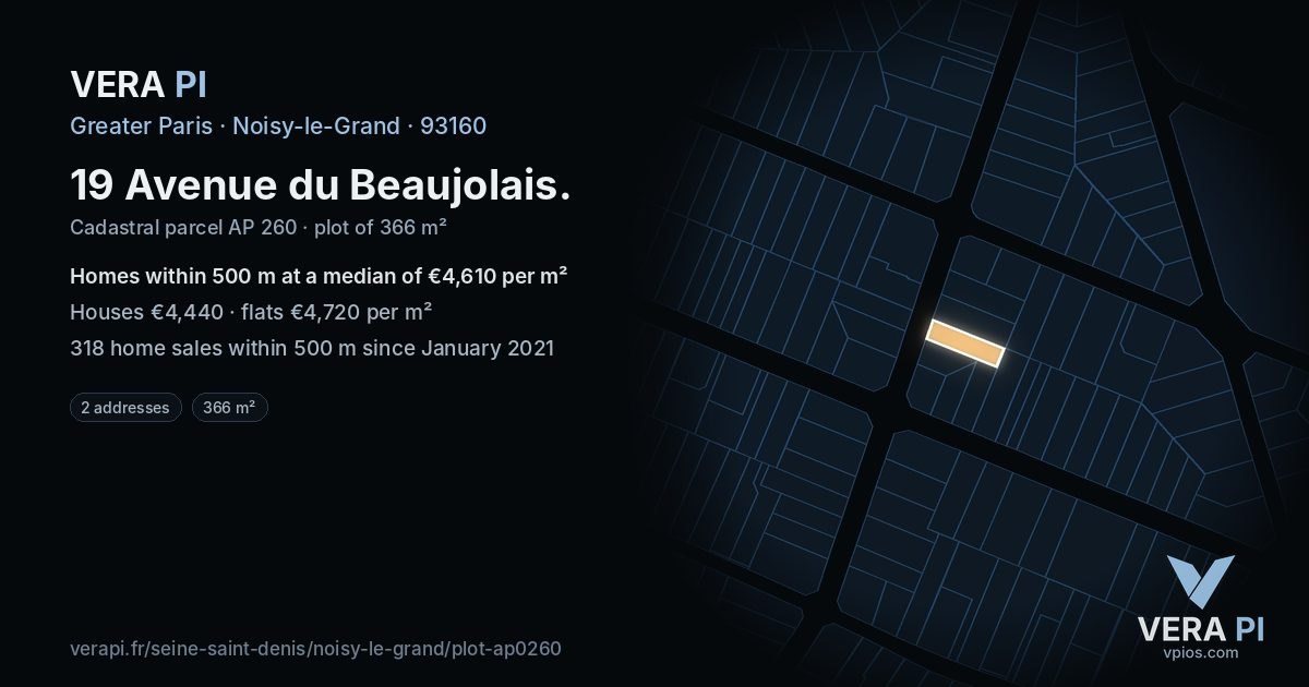 19 Avenue du Beaujolais, Noisy-le-Grand at night – the plot lit, the parcels around coloured by the prices near them