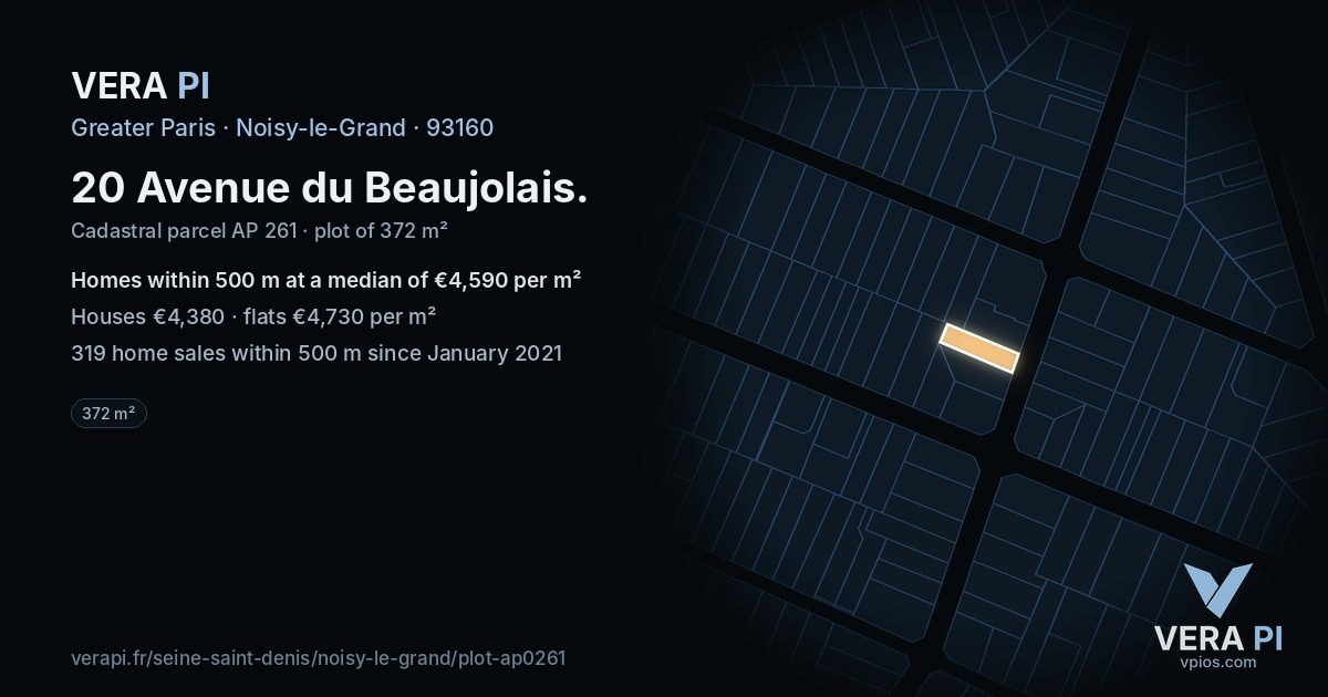 20 Avenue du Beaujolais, Noisy-le-Grand at night – the plot lit, the parcels around coloured by the prices near them