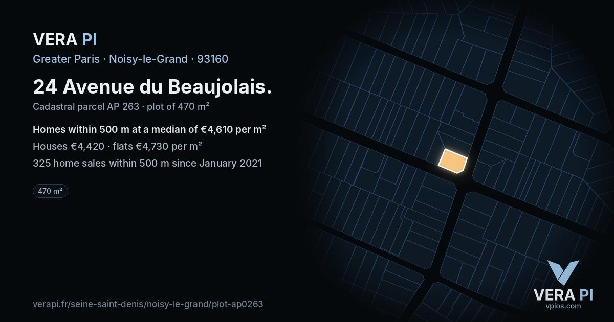 24 Avenue du Beaujolais, Noisy-le-Grand at night – the plot lit, the parcels around coloured by the prices near them