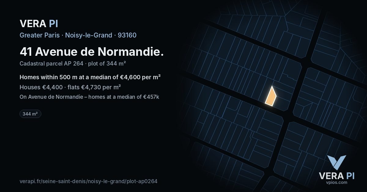 41 Avenue de Normandie, Noisy-le-Grand at night – the plot lit, the parcels around coloured by the prices near them