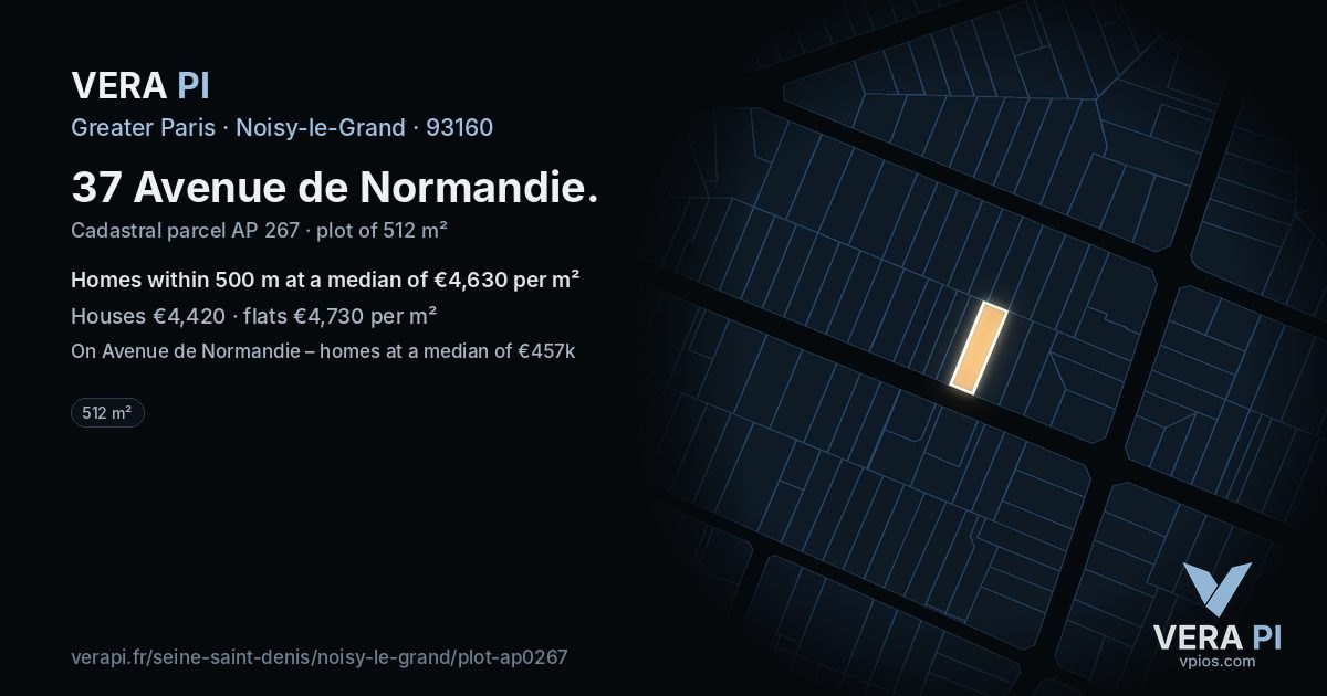 37 Avenue de Normandie, Noisy-le-Grand at night – the plot lit, the parcels around coloured by the prices near them