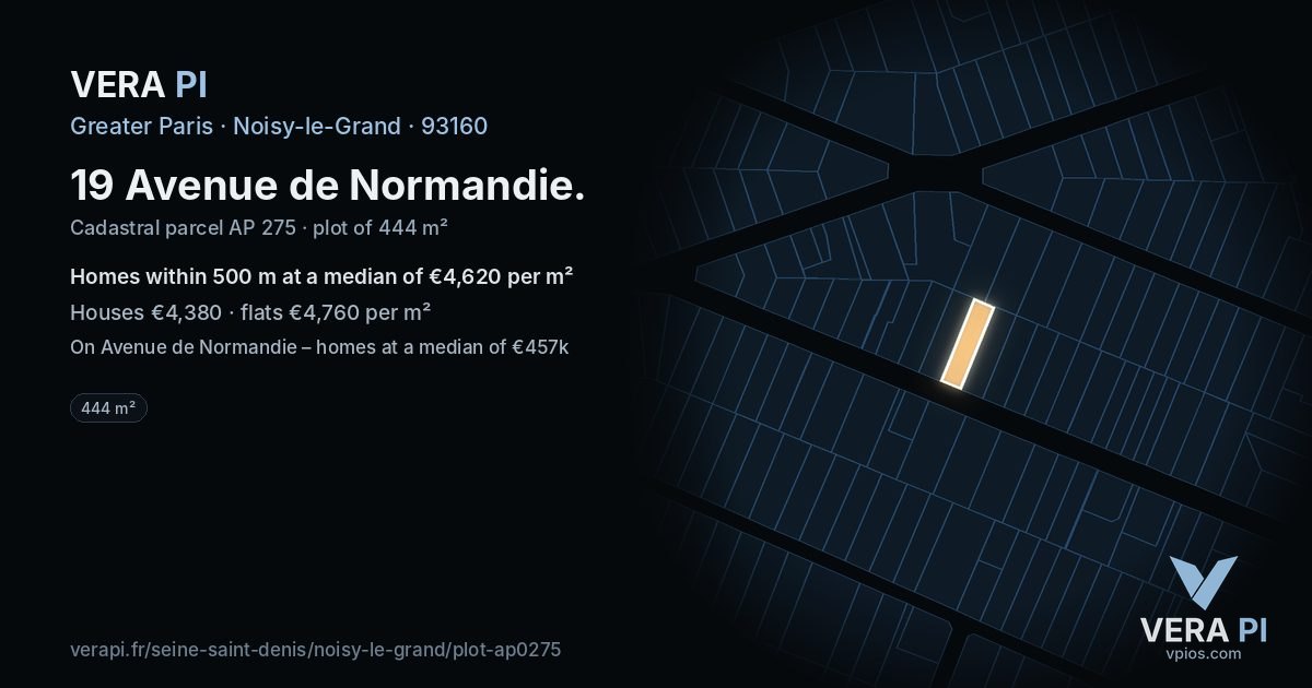 19 Avenue de Normandie, Noisy-le-Grand at night – the plot lit, the parcels around coloured by the prices near them