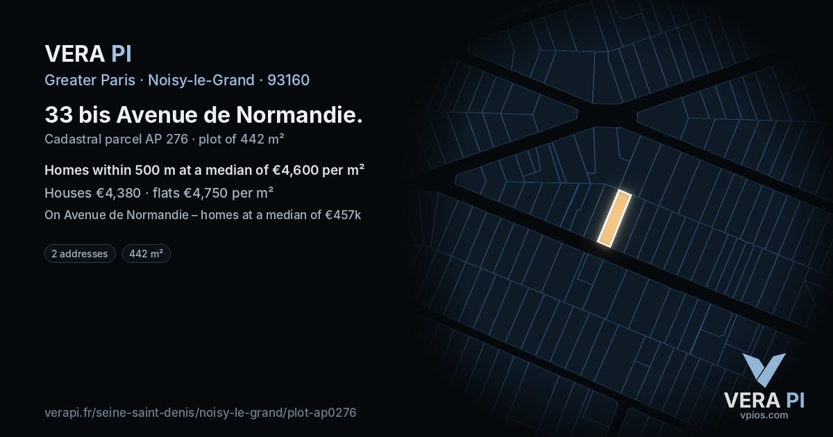 33 bis Avenue de Normandie, Noisy-le-Grand at night – the plot lit, the parcels around coloured by the prices near them