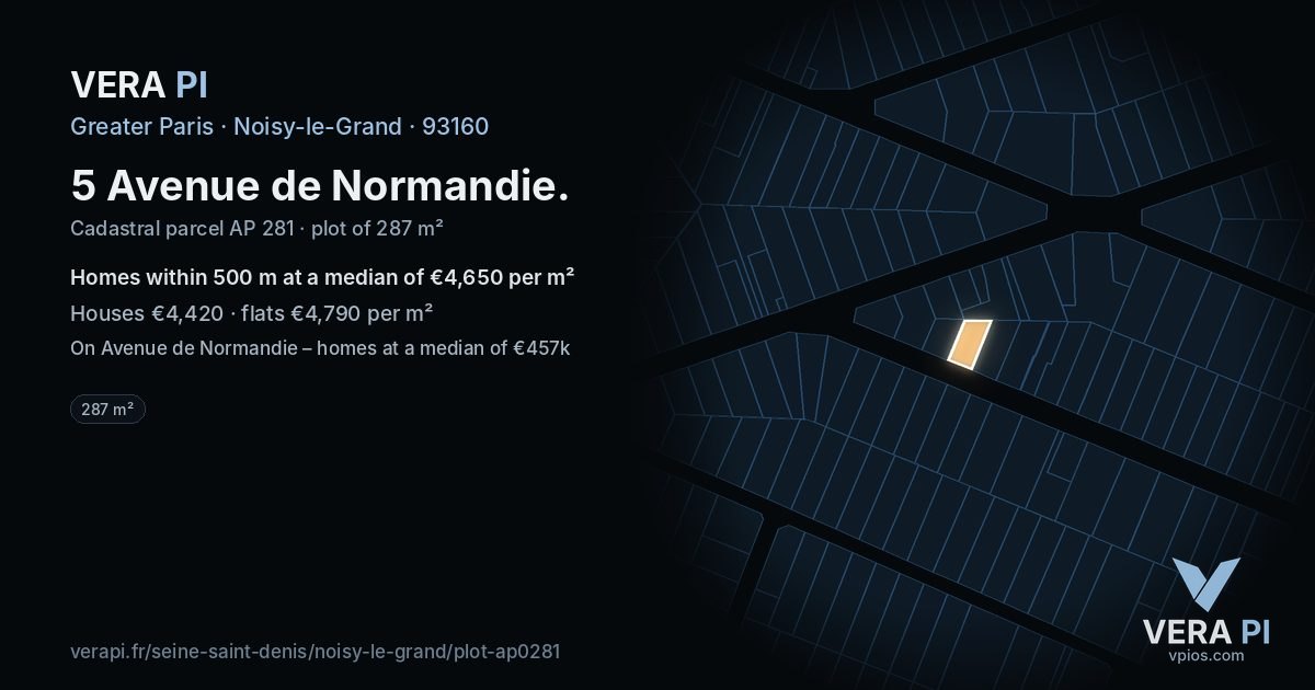 5 Avenue de Normandie, Noisy-le-Grand at night – the plot lit, the parcels around coloured by the prices near them
