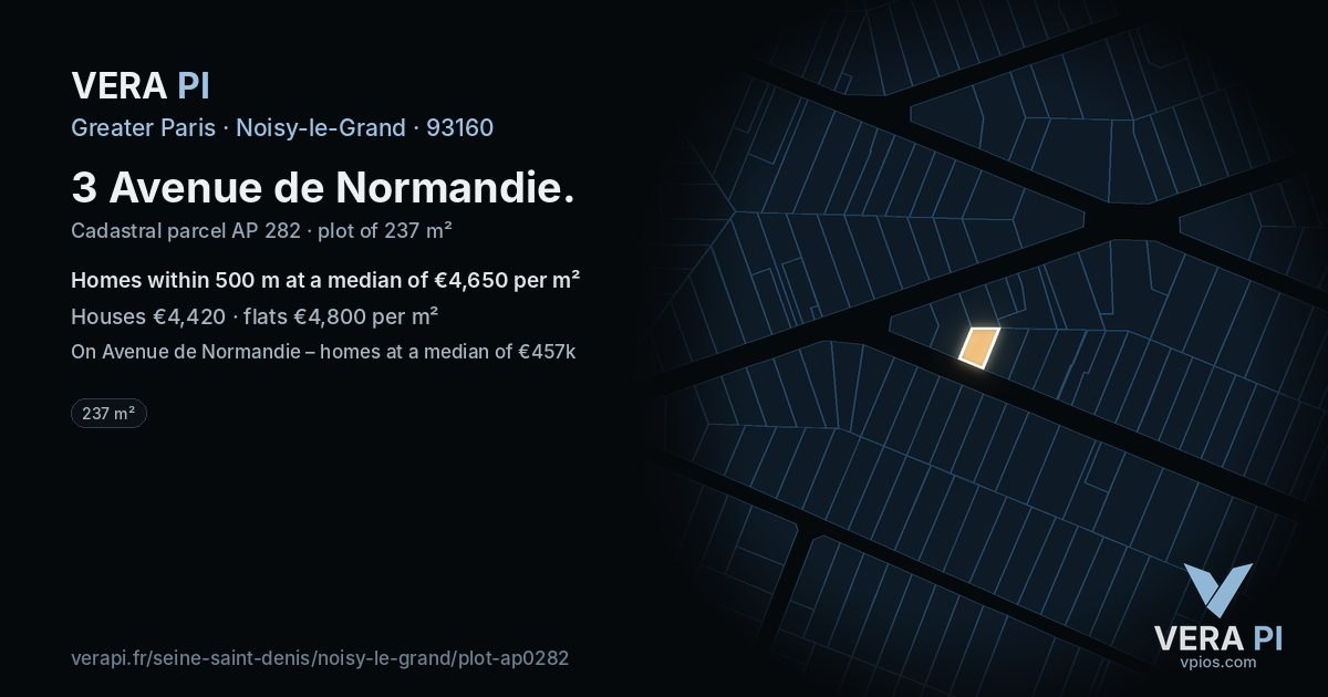 3 Avenue de Normandie, Noisy-le-Grand at night – the plot lit, the parcels around coloured by the prices near them
