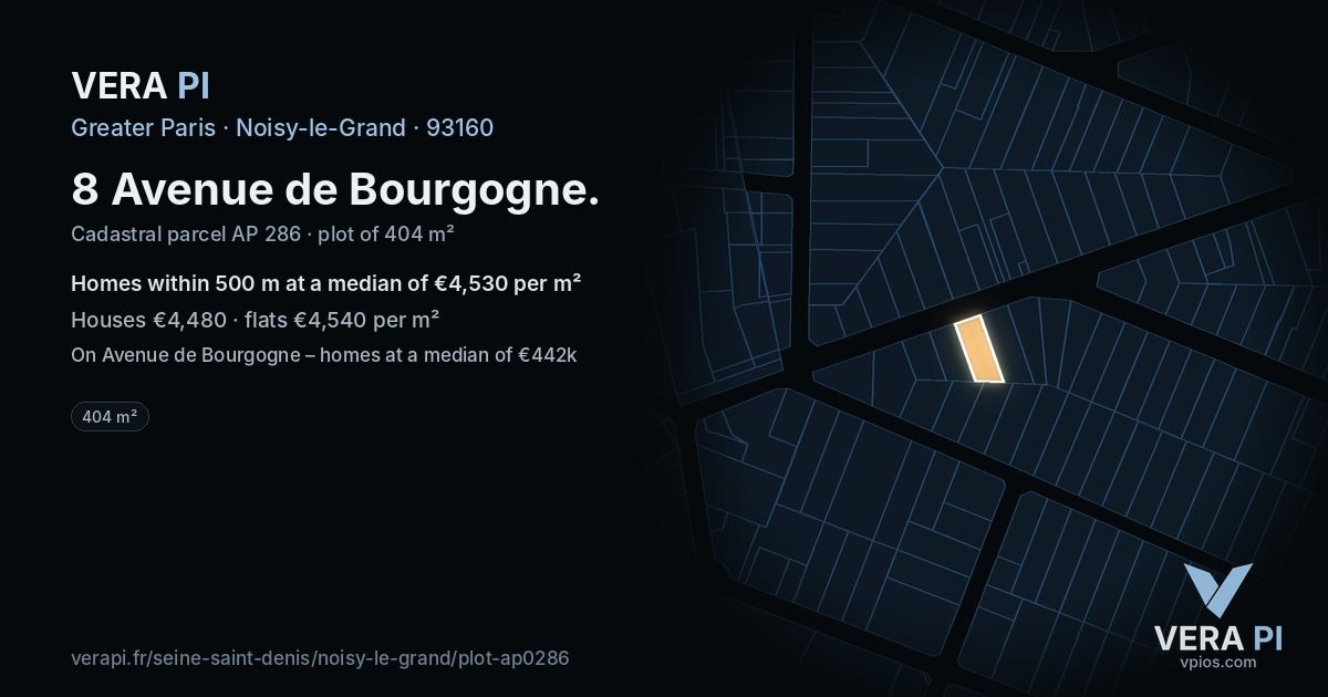 8 Avenue de Bourgogne, Noisy-le-Grand at night – the plot lit, the parcels around coloured by the prices near them