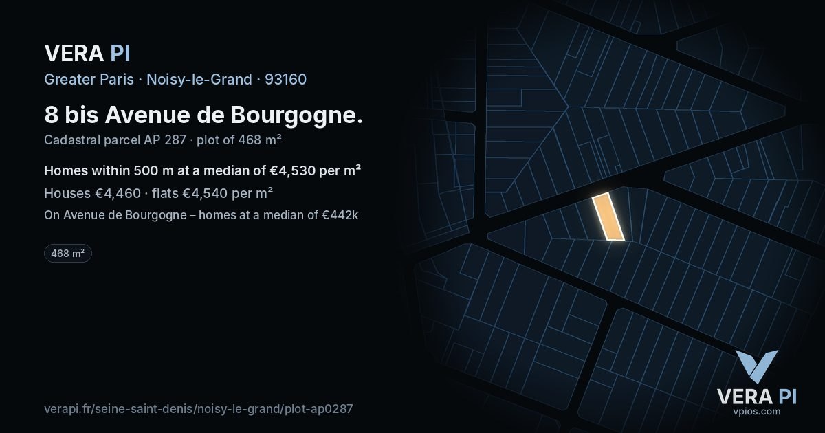 8 bis Avenue de Bourgogne, Noisy-le-Grand at night – the plot lit, the parcels around coloured by the prices near them