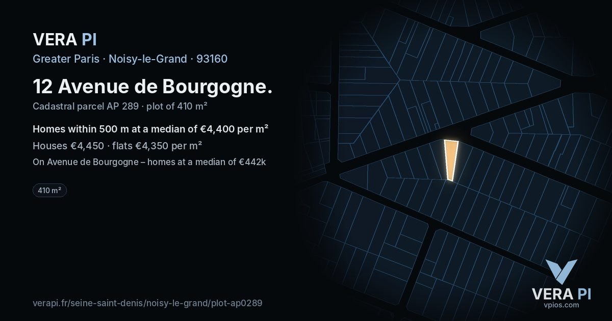 12 Avenue de Bourgogne, Noisy-le-Grand at night – the plot lit, the parcels around coloured by the prices near them