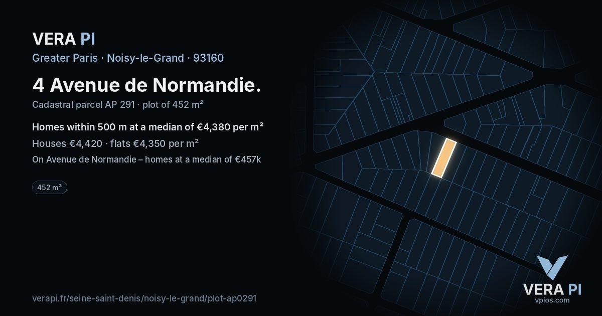 4 Avenue de Normandie, Noisy-le-Grand at night – the plot lit, the parcels around coloured by the prices near them