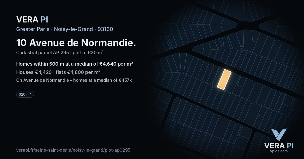 10 Avenue de Normandie, Noisy-le-Grand at night – the plot lit, the parcels around coloured by the prices near them