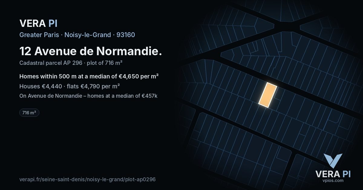 12 Avenue de Normandie, Noisy-le-Grand at night – the plot lit, the parcels around coloured by the prices near them