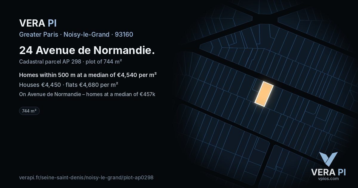 24 Avenue de Normandie, Noisy-le-Grand at night – the plot lit, the parcels around coloured by the prices near them