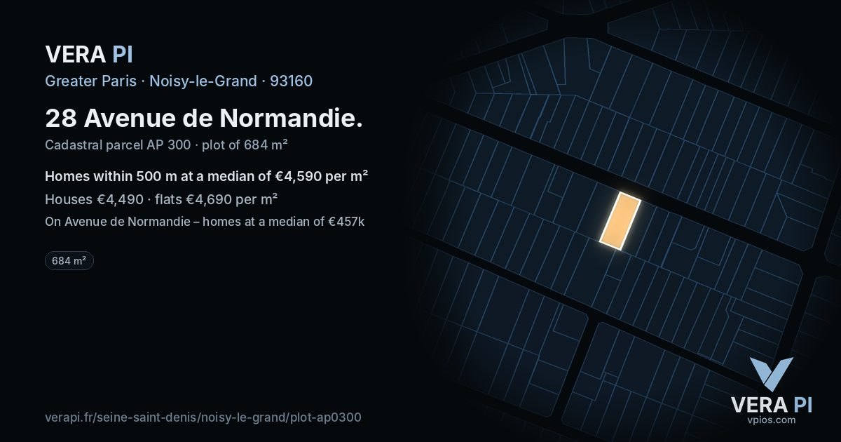 28 Avenue de Normandie, Noisy-le-Grand at night – the plot lit, the parcels around coloured by the prices near them