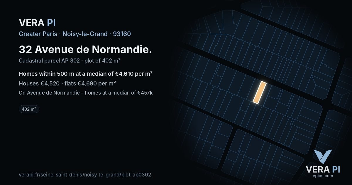 32 Avenue de Normandie, Noisy-le-Grand at night – the plot lit, the parcels around coloured by the prices near them