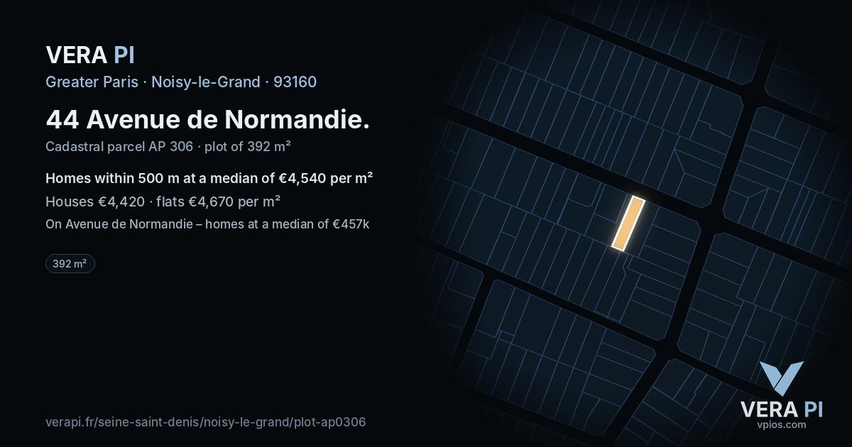 44 Avenue de Normandie, Noisy-le-Grand at night – the plot lit, the parcels around coloured by the prices near them