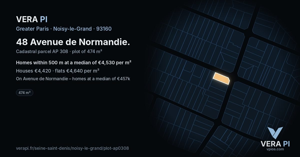 48 Avenue de Normandie, Noisy-le-Grand at night – the plot lit, the parcels around coloured by the prices near them