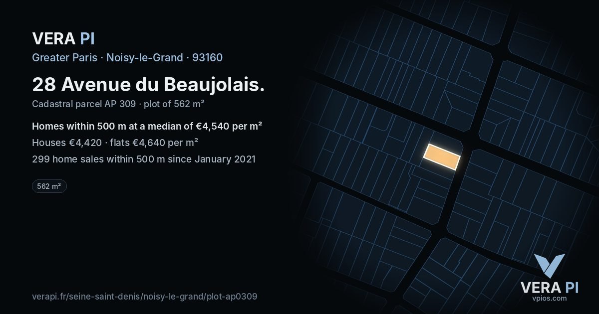 28 Avenue du Beaujolais, Noisy-le-Grand at night – the plot lit, the parcels around coloured by the prices near them
