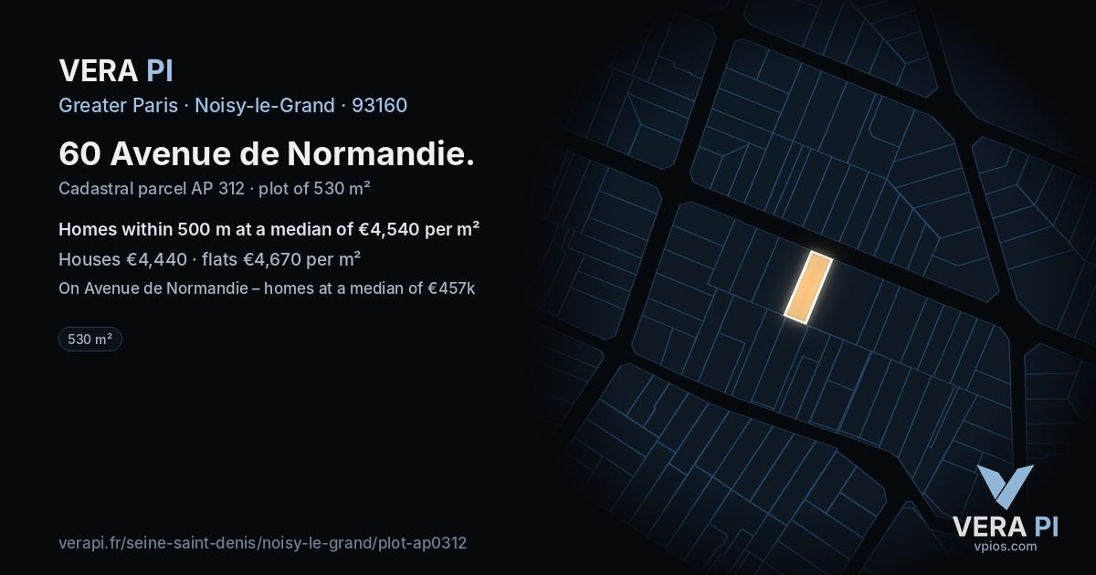 60 Avenue de Normandie, Noisy-le-Grand at night – the plot lit, the parcels around coloured by the prices near them
