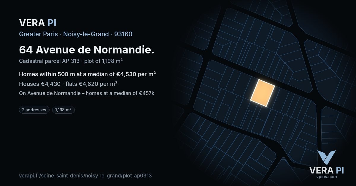 64 Avenue de Normandie, Noisy-le-Grand at night – the plot lit, the parcels around coloured by the prices near them
