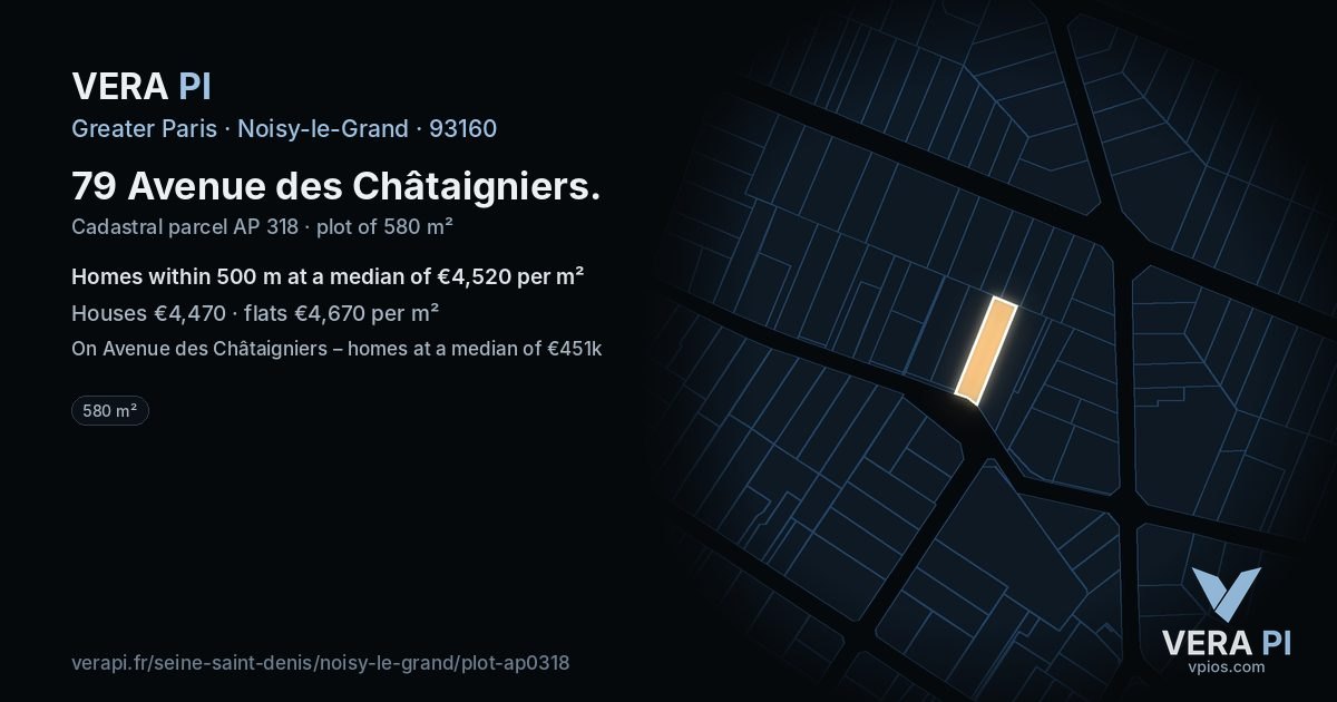 79 Avenue des Châtaigniers, Noisy-le-Grand at night – the plot lit, the parcels around coloured by the prices near them