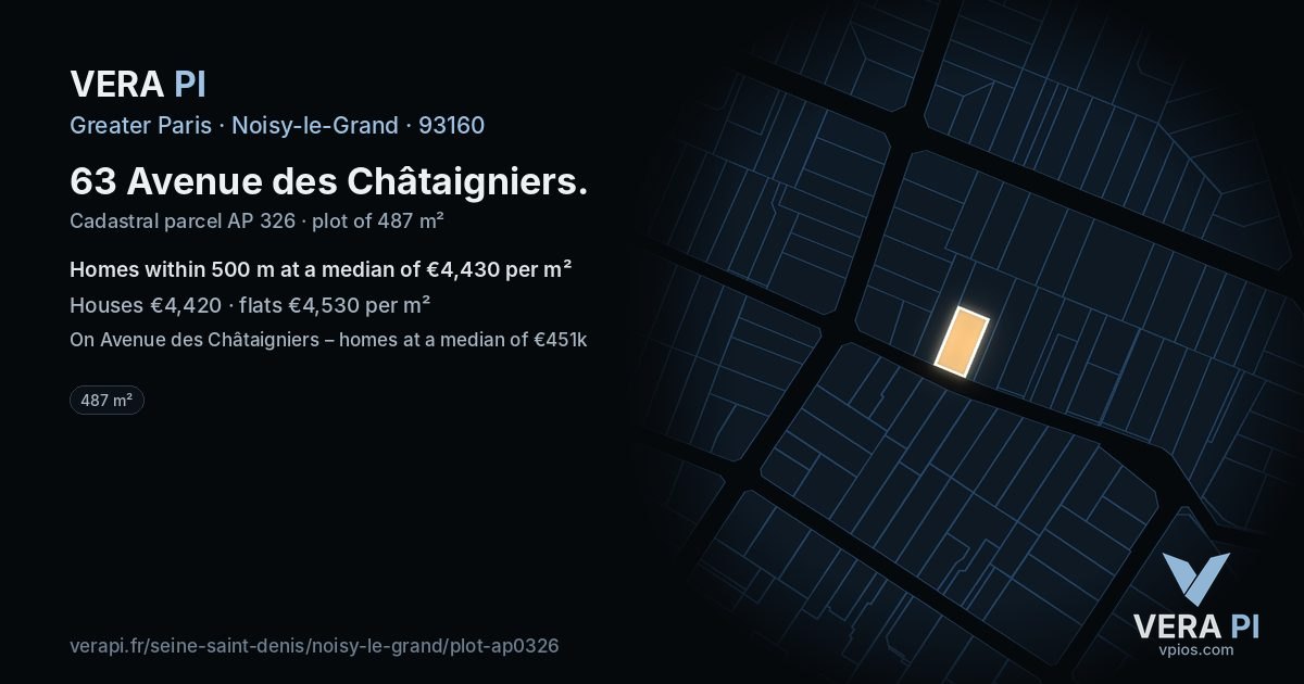 63 Avenue des Châtaigniers, Noisy-le-Grand at night – the plot lit, the parcels around coloured by the prices near them