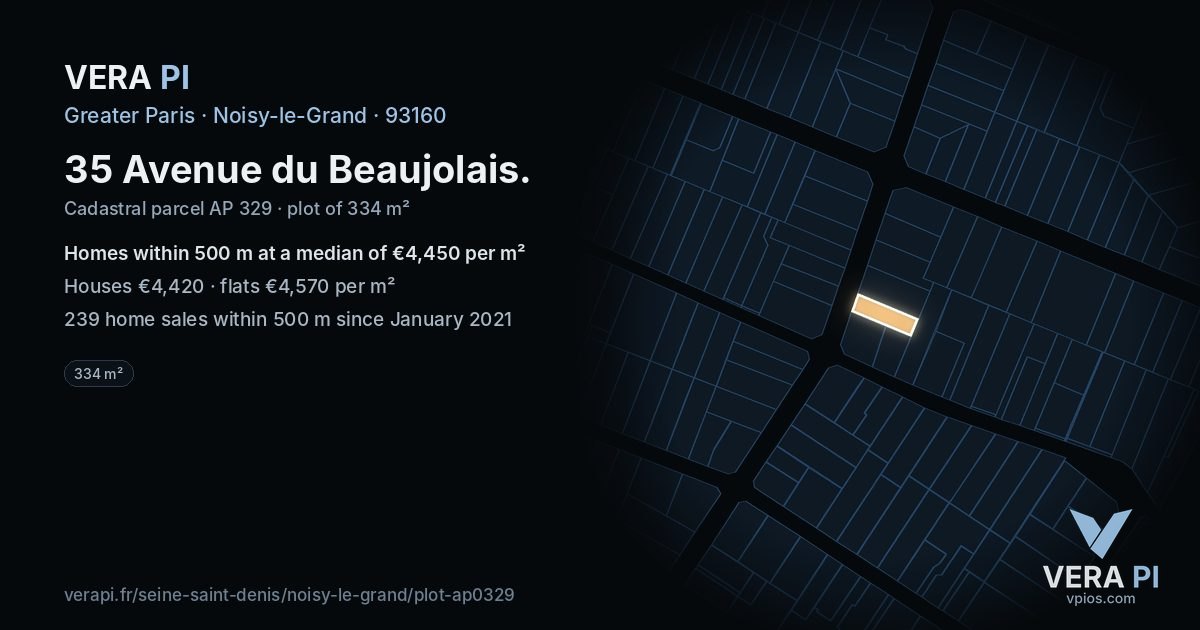 35 Avenue du Beaujolais, Noisy-le-Grand at night – the plot lit, the parcels around coloured by the prices near them