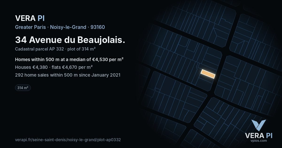 34 Avenue du Beaujolais, Noisy-le-Grand at night – the plot lit, the parcels around coloured by the prices near them