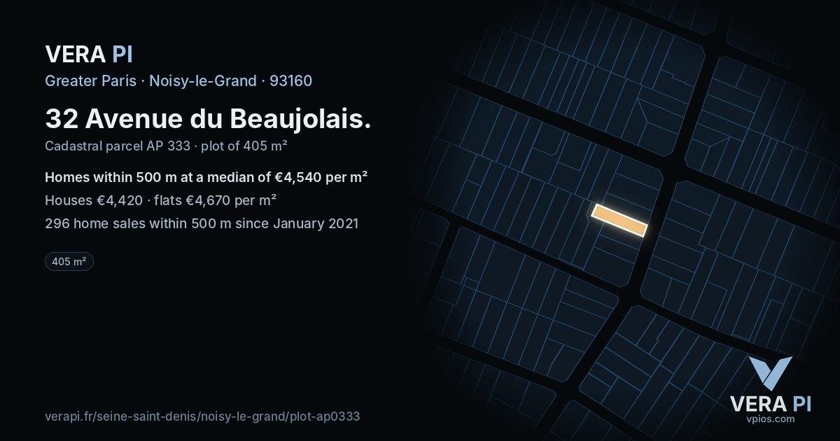 32 Avenue du Beaujolais, Noisy-le-Grand at night – the plot lit, the parcels around coloured by the prices near them