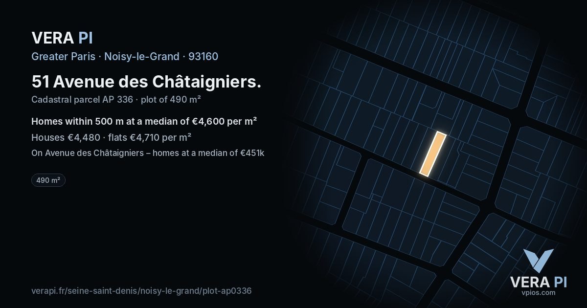 51 Avenue des Châtaigniers, Noisy-le-Grand at night – the plot lit, the parcels around coloured by the prices near them