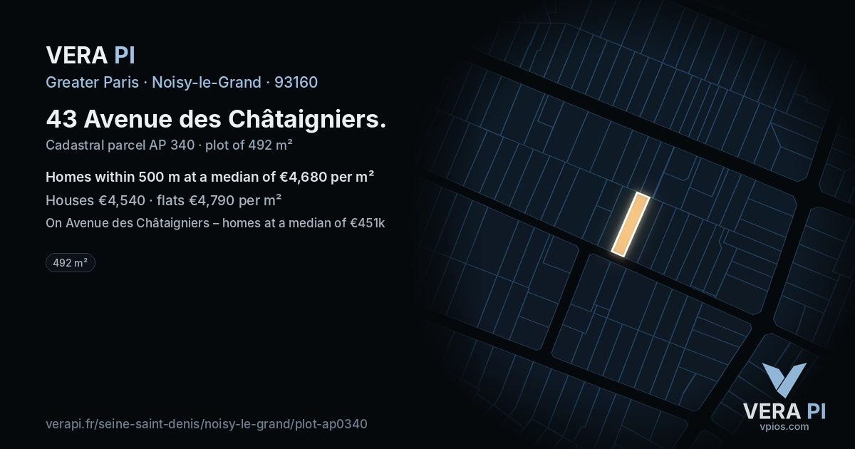 43 Avenue des Châtaigniers, Noisy-le-Grand at night – the plot lit, the parcels around coloured by the prices near them