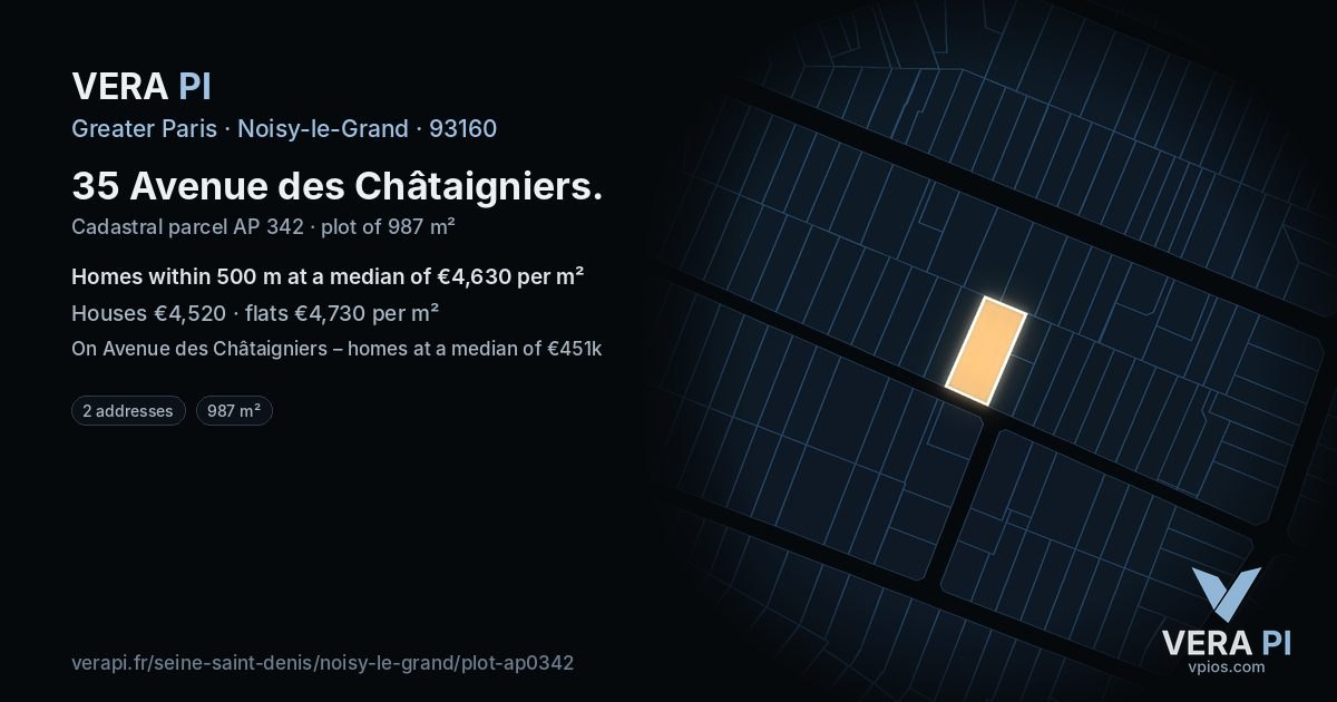 35 Avenue des Châtaigniers, Noisy-le-Grand at night – the plot lit, the parcels around coloured by the prices near them