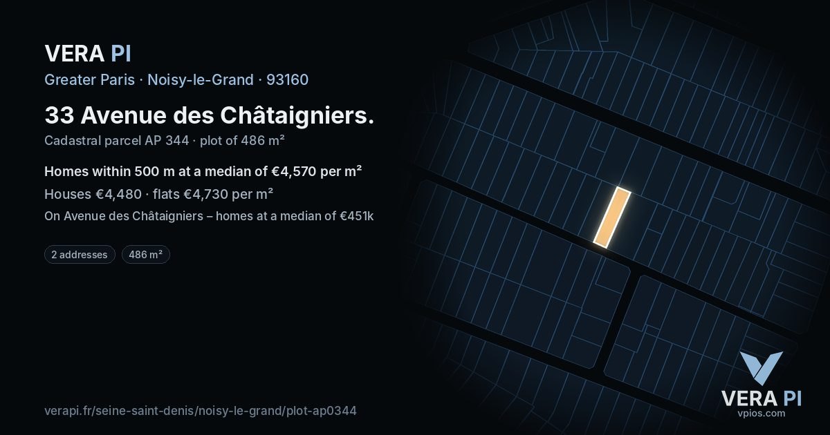 33 Avenue des Châtaigniers, Noisy-le-Grand at night – the plot lit, the parcels around coloured by the prices near them